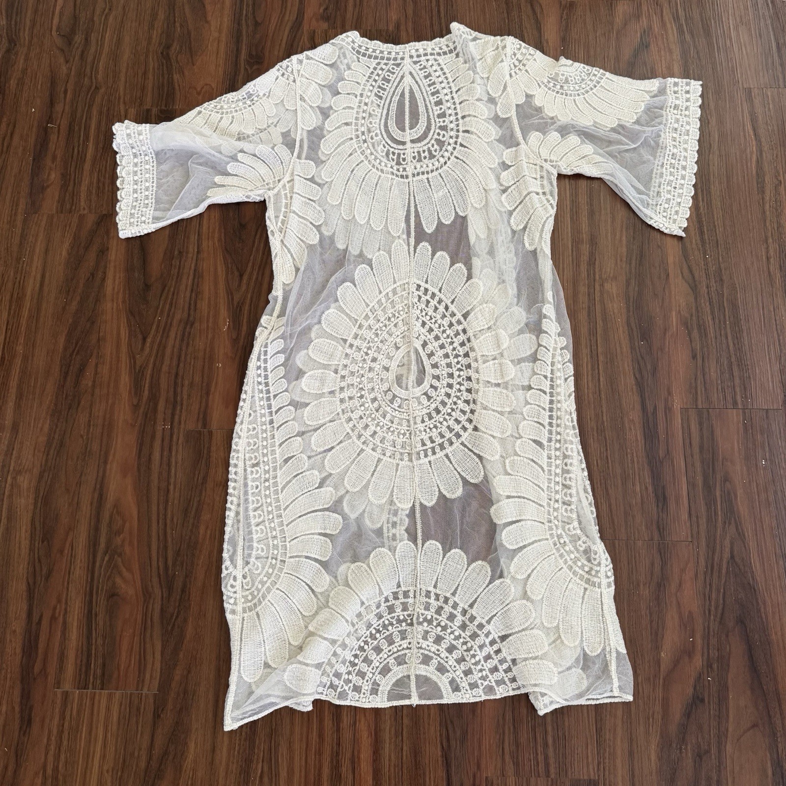 Ivory Cream SM/Med Floral Sheer Duster Kimono Boho Festival Open Front Cover Up