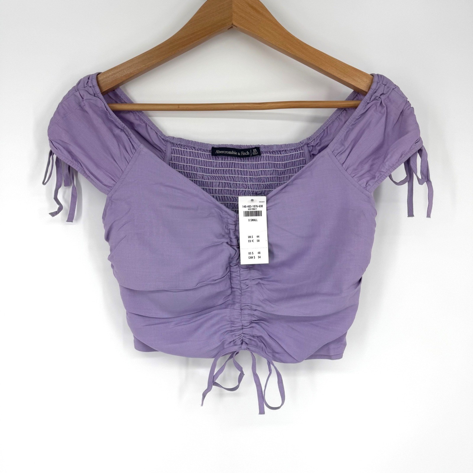 NEW Abercrombie & Fitch Women XS Crop Top Purple Smocked Ruched Milkmaid Prairie