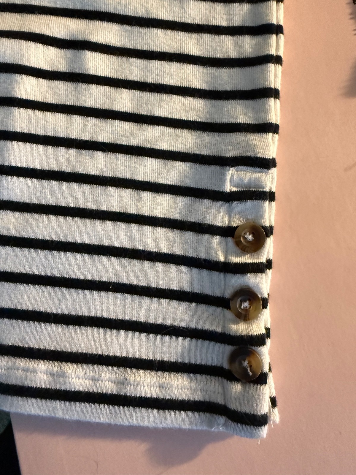 Chico’s Ultimate Tee- Bl/White striped/Square Neckline/ Buttons on side – Size 2