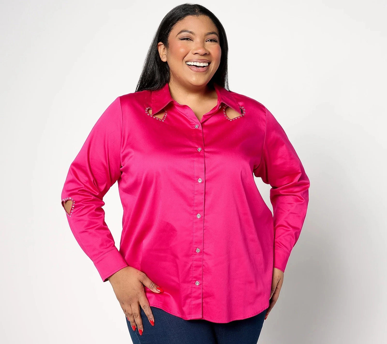 Attitudes by Renee Sz Medium Woven Heart Cutout Button Front Shirt PINK A631295