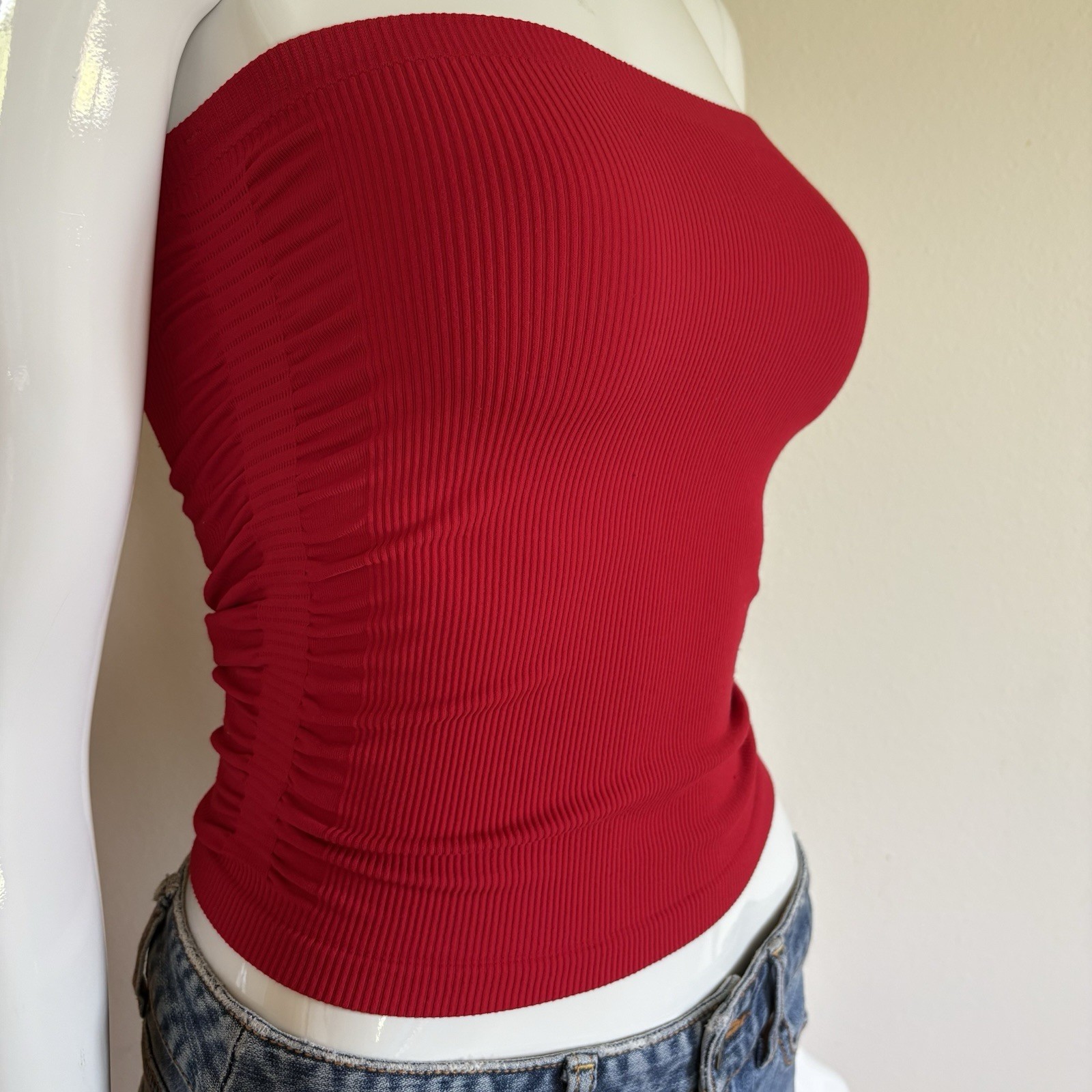 Bisou Bisou Red Solid Ribbed Knit Ruched Strapless Tube Top Stretch XS/S