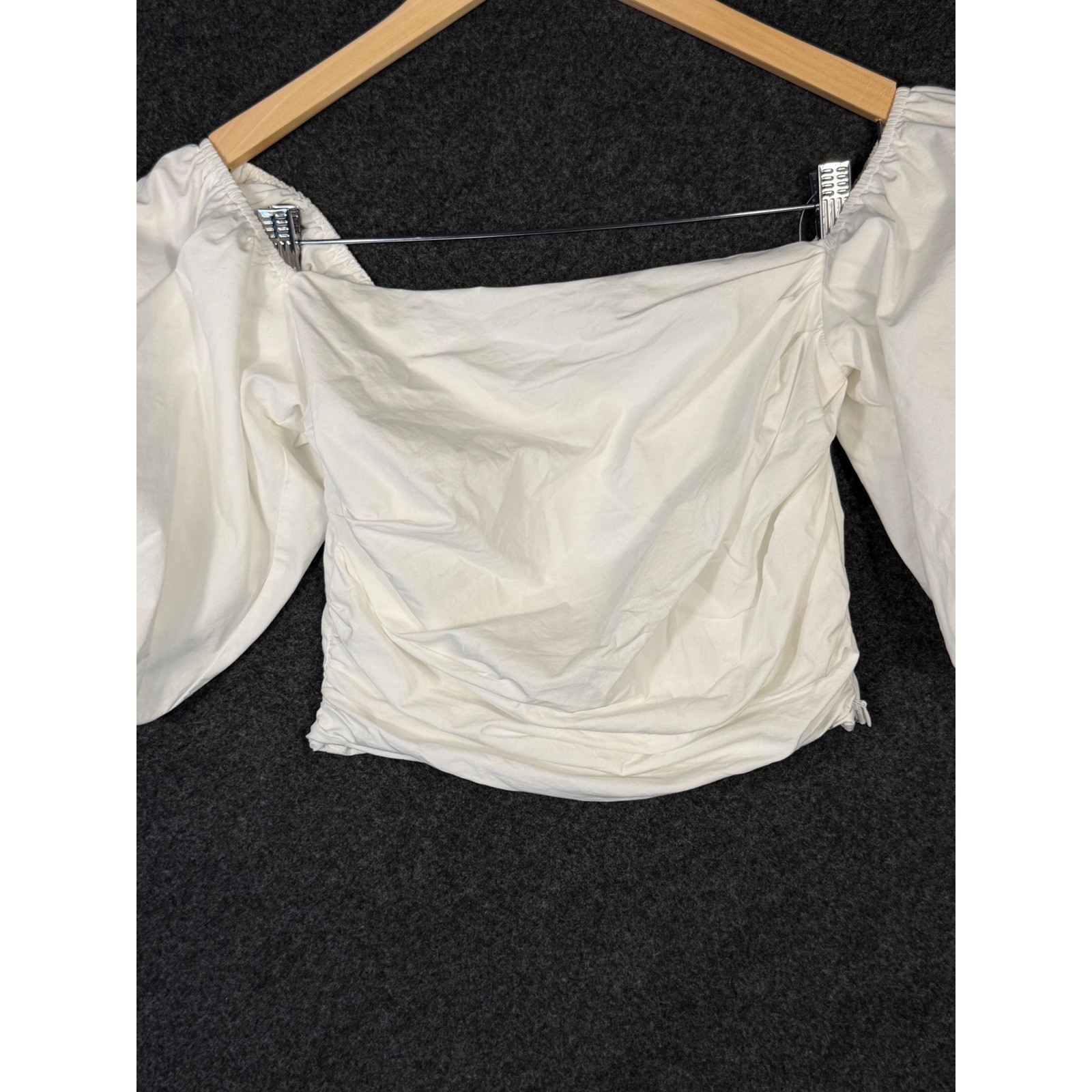 WAYF Puff Sleeve Crop Top Womens Small White Off Shoulder Ruched Smocked