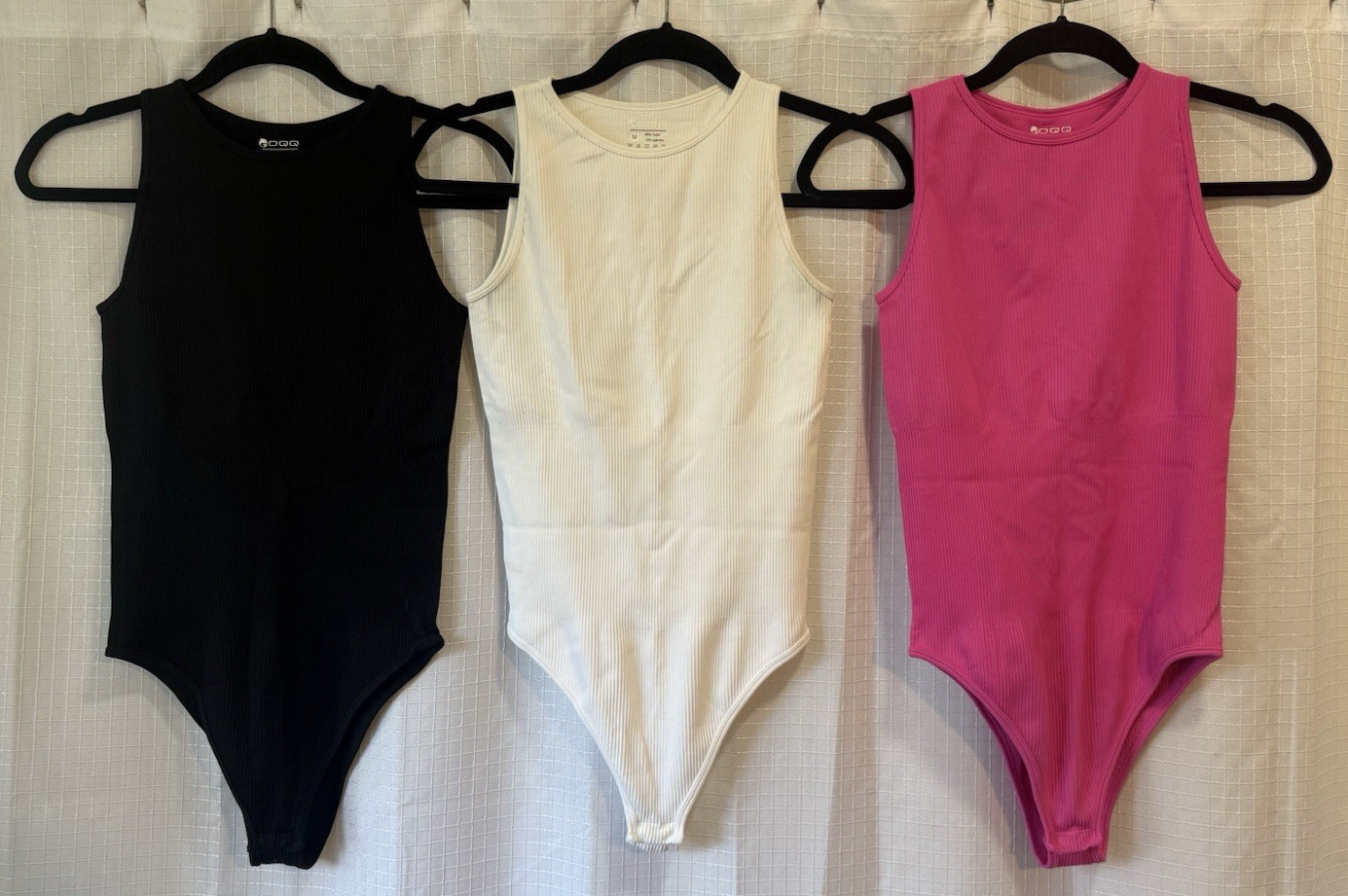 OQQ Women’s Ribbed Bodysuit Lot of 3 Medium Black White Pink Sleeveless