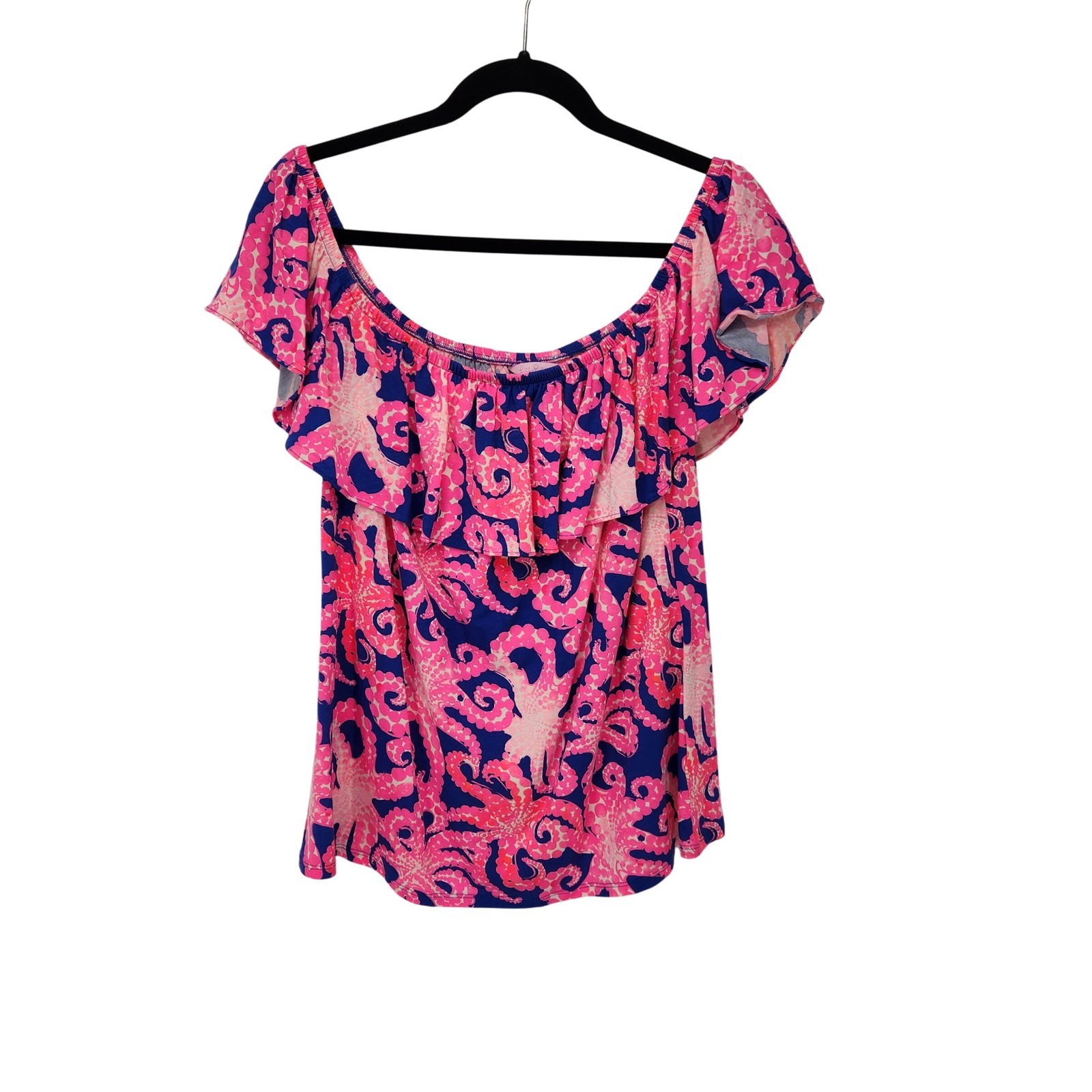 Lilly Pulitzer Pink Blue Octopus Off The Shoulder Ruffle Jersey Top XL RN88189