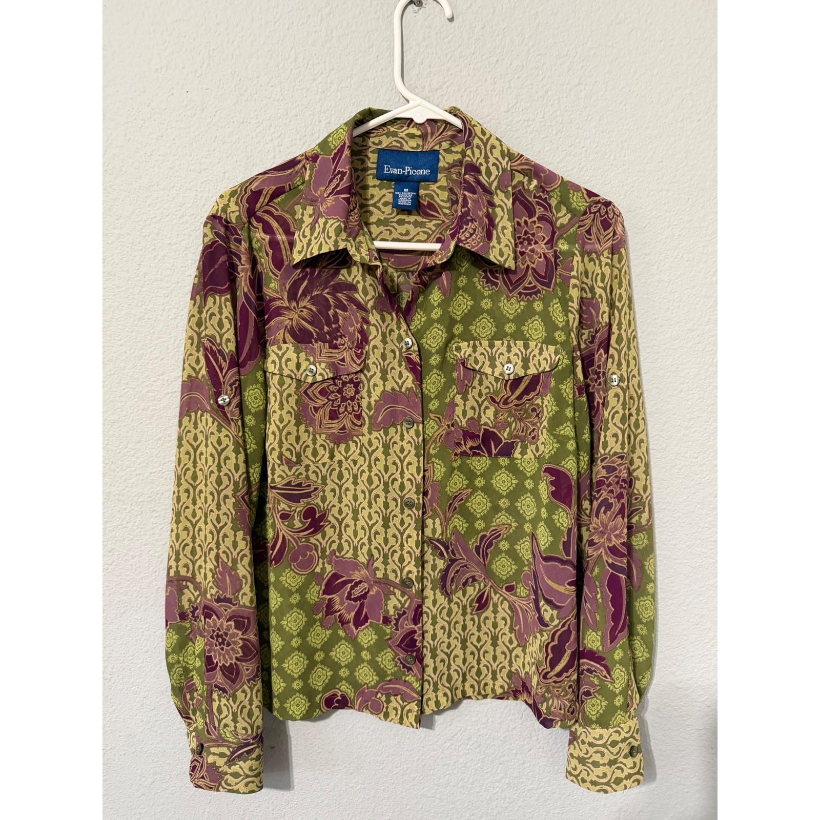 Evan-Picone Womens Blouse M Green Purple Floral Patchwork Button Up Roll Tab