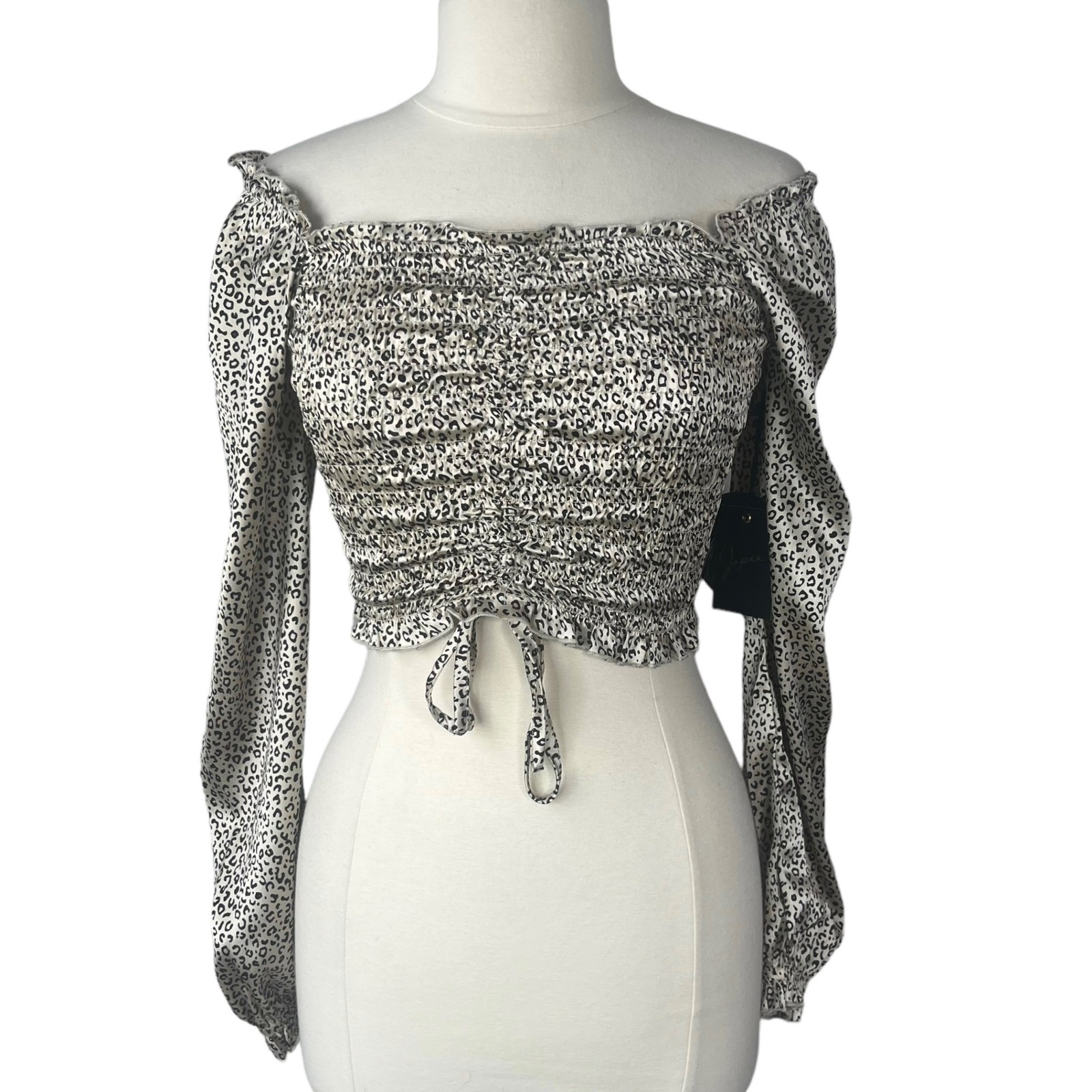 Japna Long Sleeve Crop Top Smocked Womens XS Tan New Cheetah Print