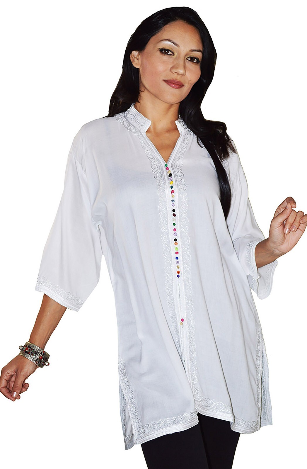 Moroccan Tunic Caftan Shirt Cotton Blouse Swim Suit Cover-up White LG To XLG