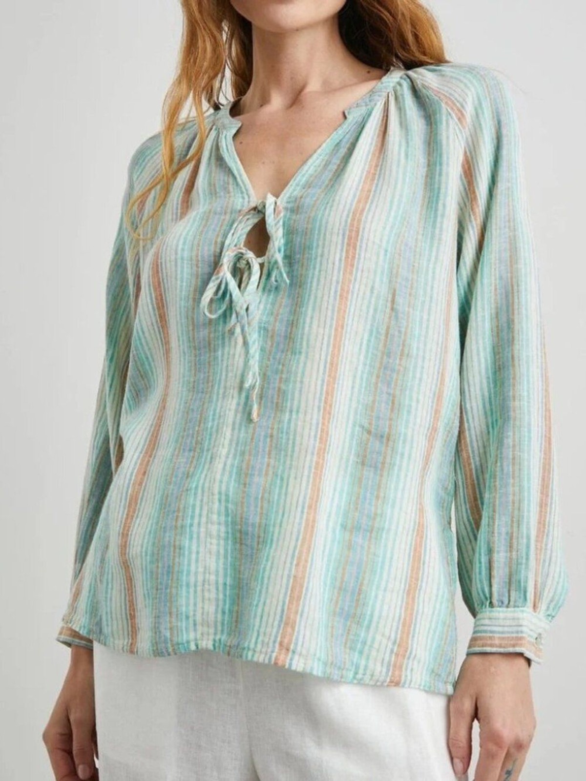 Rails Brielle Linen Blend Striped Peasant Blouse Top Seaview Stripe Size S