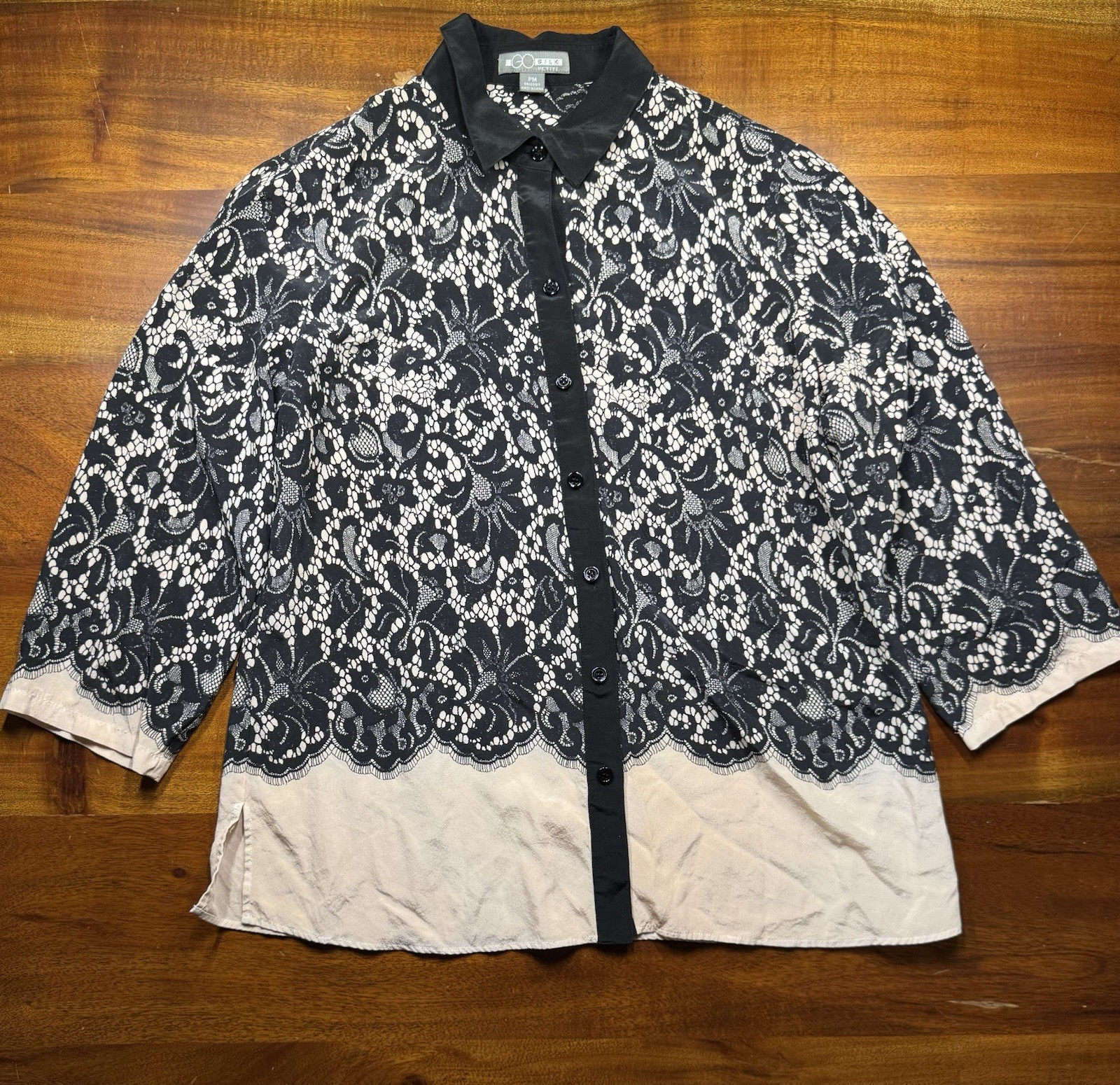 Go Silk Black Lace Floral Print Button Up Blouse Sz Petites Medium