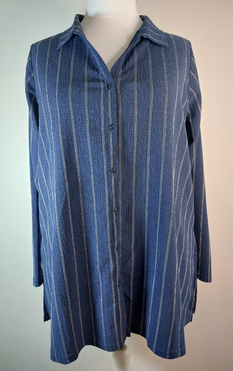 Yours Blue White Stripe Textured Long Sleeve Shirt Blouse Size UK 20 NWOT