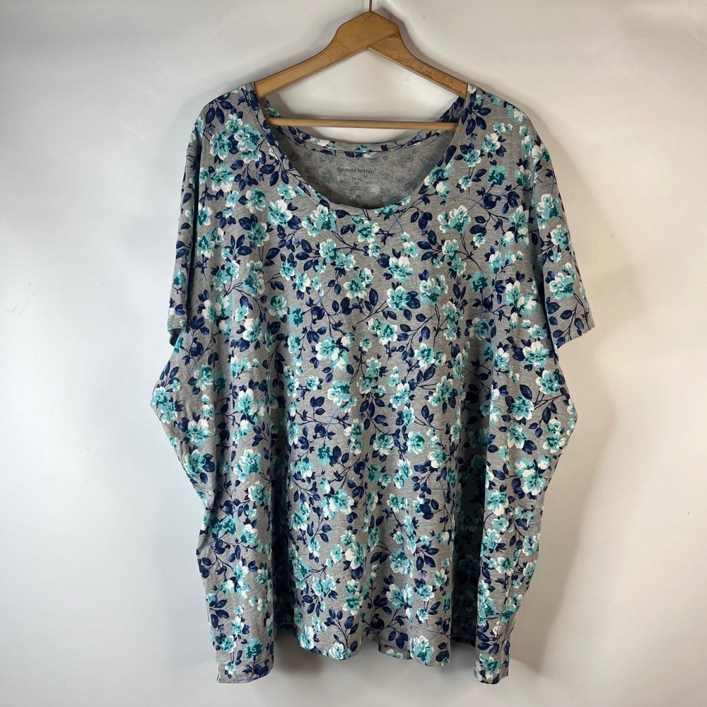 Woman Within T Shirt Womens 4X Gray Floral Scoop Neck Short Sleeve Relaxed Tee