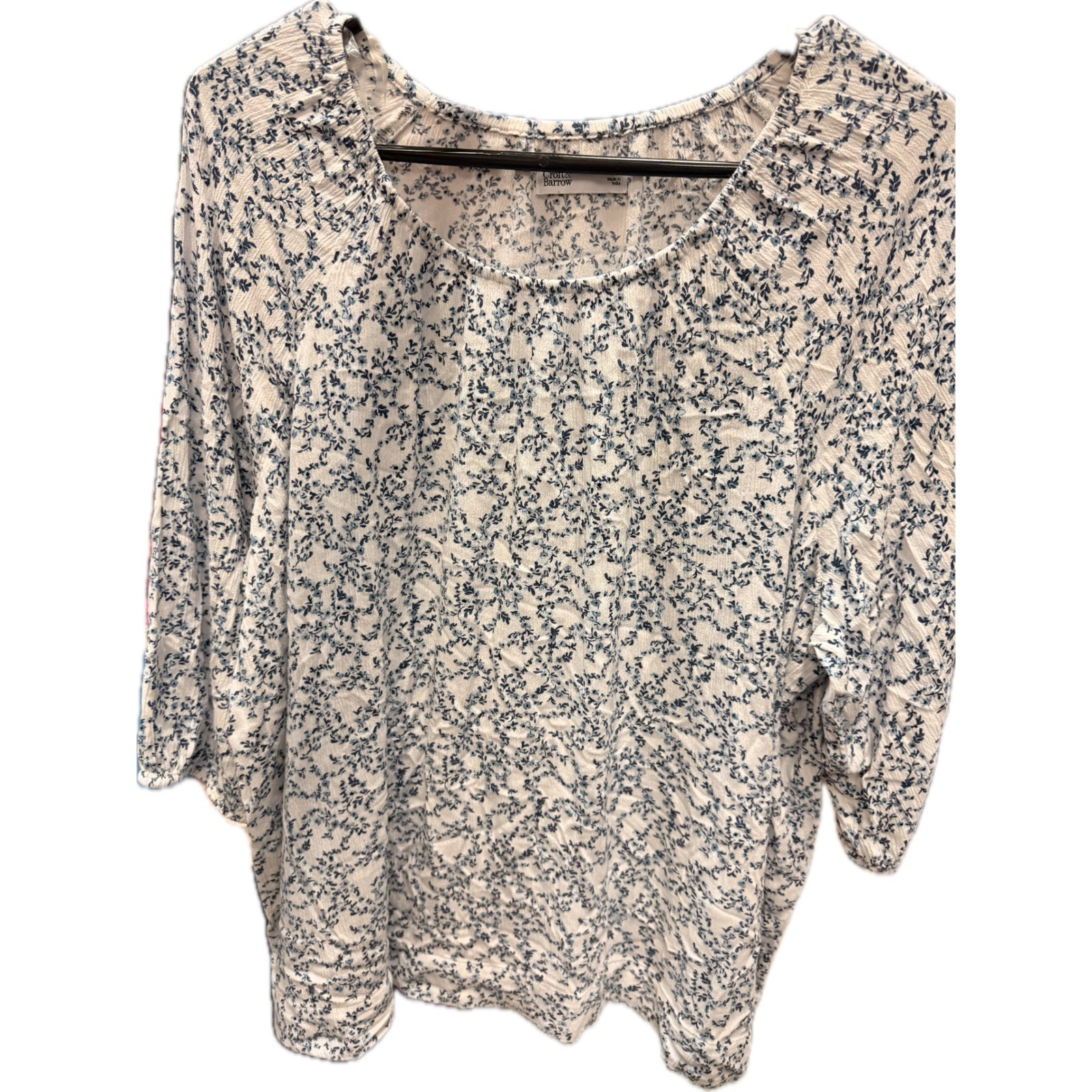 Croft & Barrow Womens XL Blue Floral Crinkle Blouse 3/4 Sleeve Scoop Neck Top