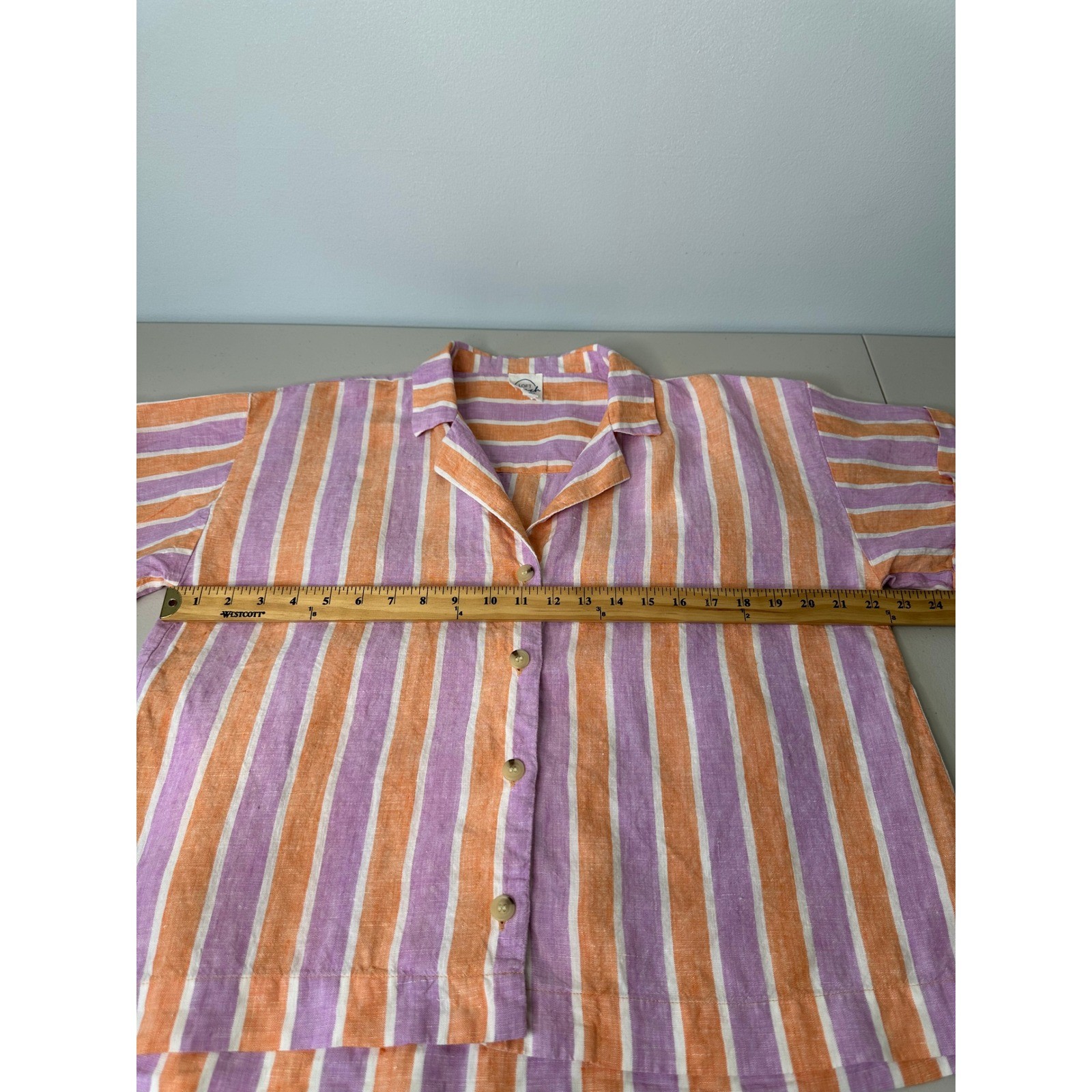 Loft Beach Linen Button up Shirt Size L Orange Purple Striped Short Sleeve Boxy