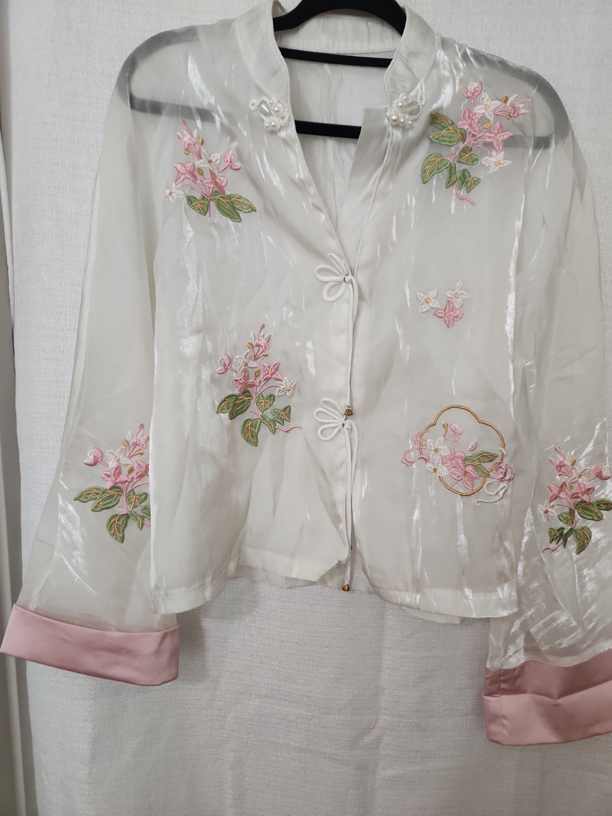 Asian Inspired Sheer Embroidered Mandarin Frog Closure Ivory Size M Ships Free!