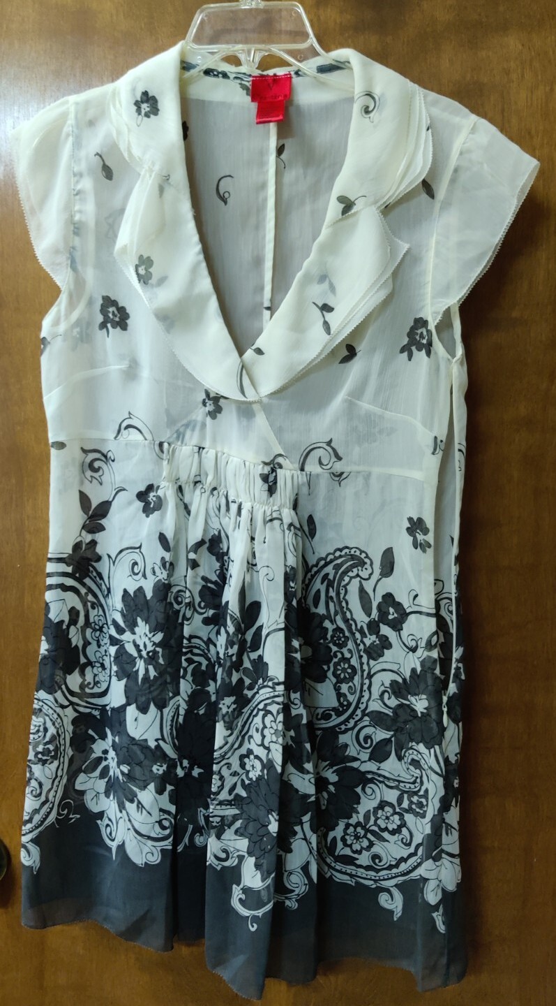 V Cristina Women’s Medium Elegant Cream & Black Floral Sheer Boho Tunic Blouse