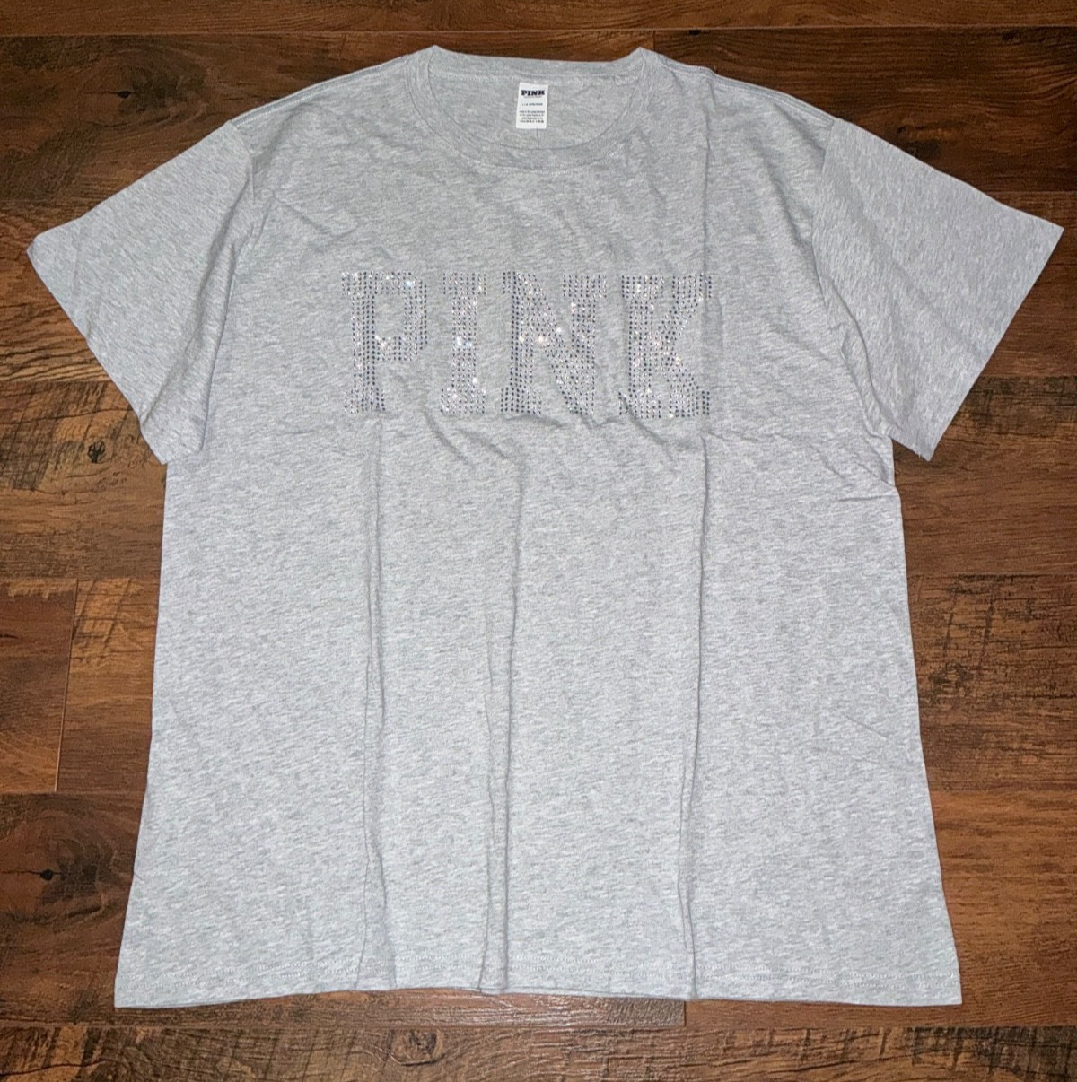 Victoria’s Secret Pink Bling Rhinestones Logo Campus Tee Shirt L Fashion Show 25