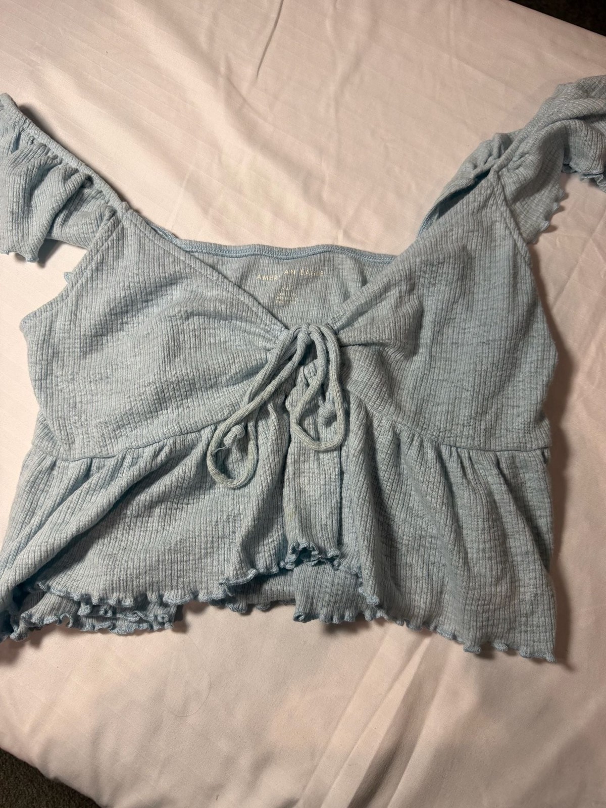 American Eagle Ribbed Flutter Sleeve Tie-Front Crop Top