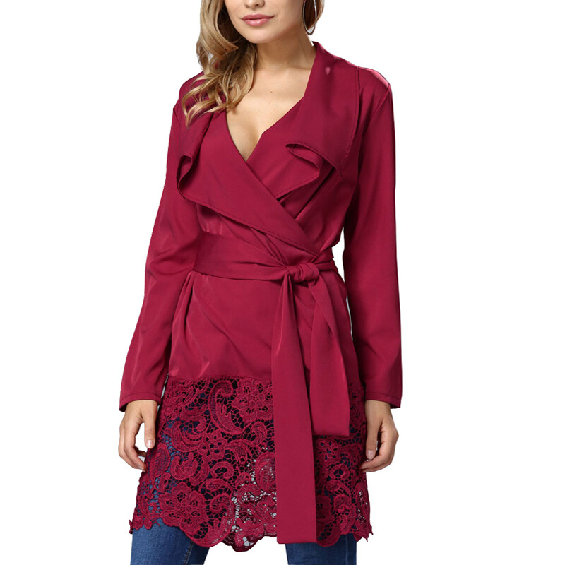 US Women’s Sexy Lace Stitching Loose Coat Belted Autumn Wind Coat Casual Tops