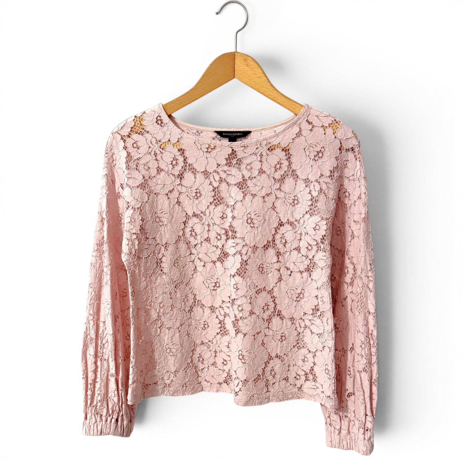 Banana Republic Blush Pink Floral Lace Blouse Sheer Bishop Sleeve Coquette Small