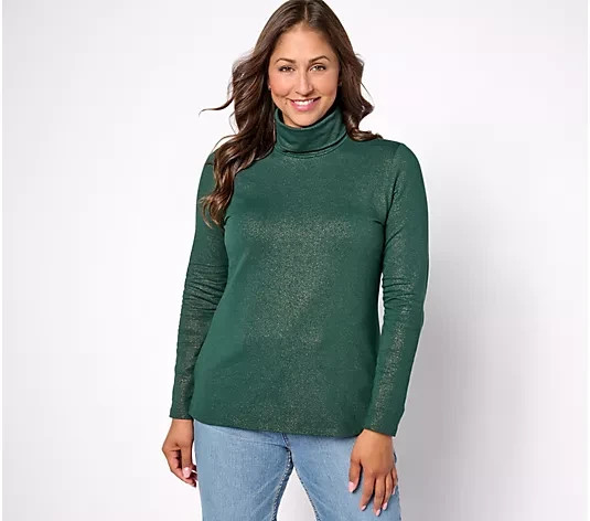 Isaac Mizrahi Sparkle Knit Long Sleeve Turtleneck-Deep Pine Green-4X-NEW-A624595