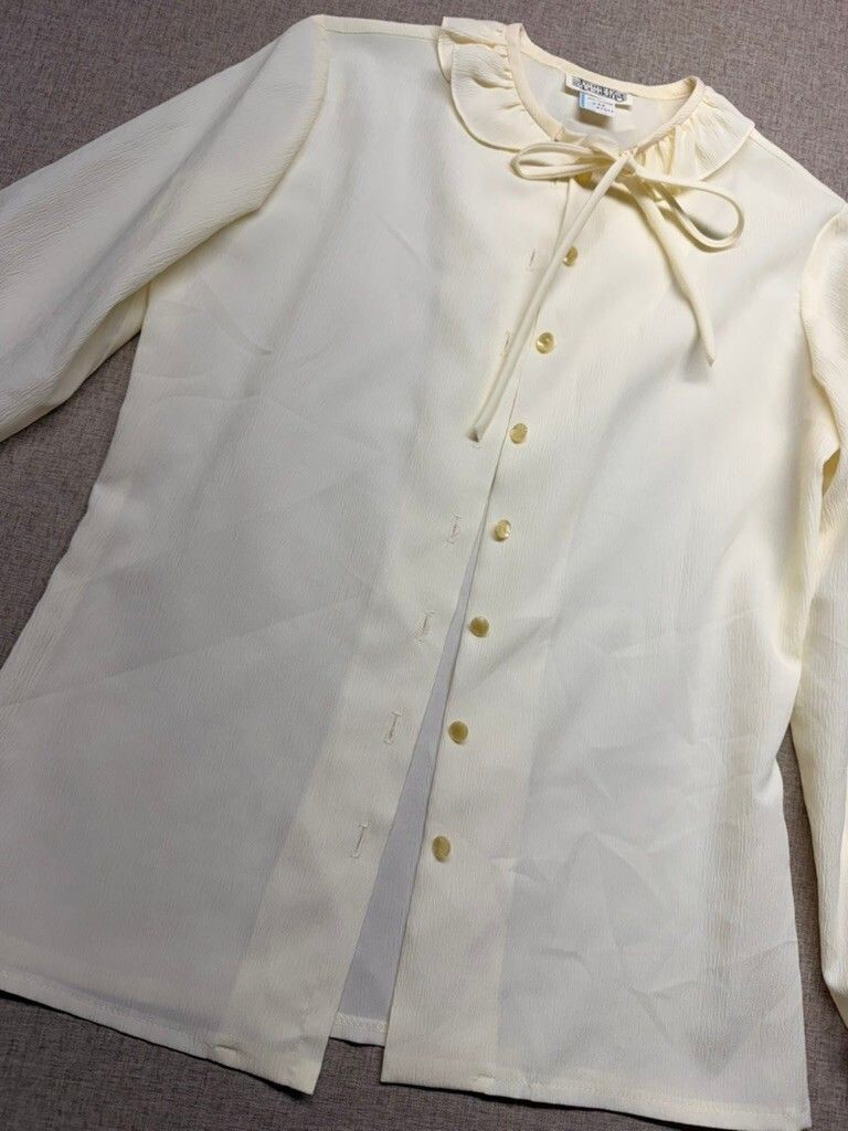 Frankly Speaking Ivory Peter Pan Collar Tie Neck Blouse Women’s 7/8 Long Sleeve