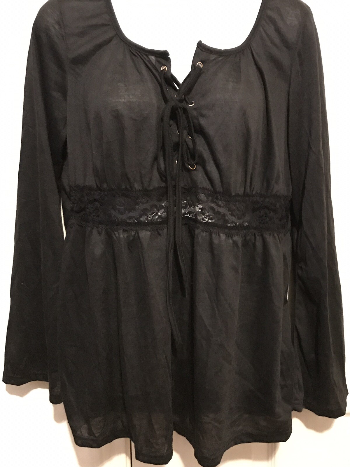 Zanzea Collection Top Blouse Long Sleeve Black Lace Up Front Detail Sz XXL NWT