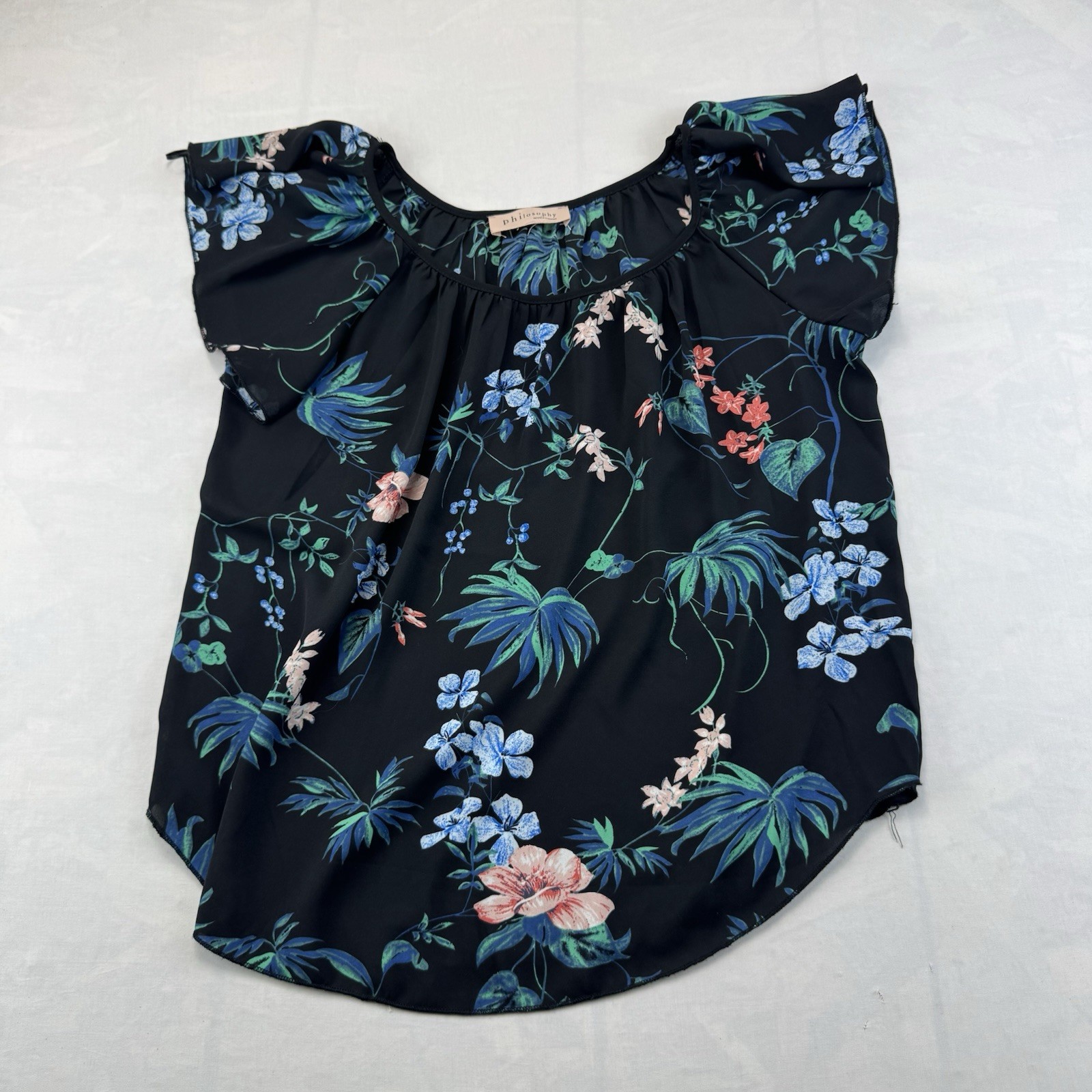Philosophy Floral Tropical Blouse Womens Large Black Flutter Sleeve Top
