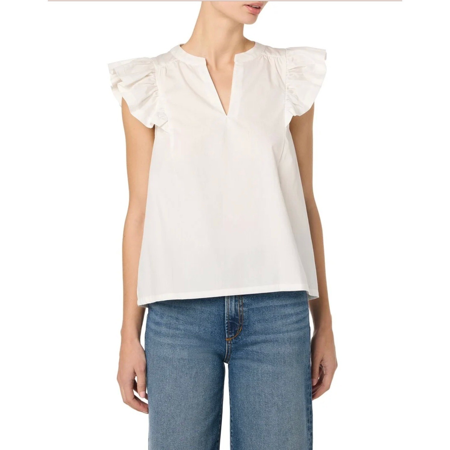 Joe’s Jeans White Cotton Flutter Ruffle Sleeve Split Neck Blouse Top Medium
