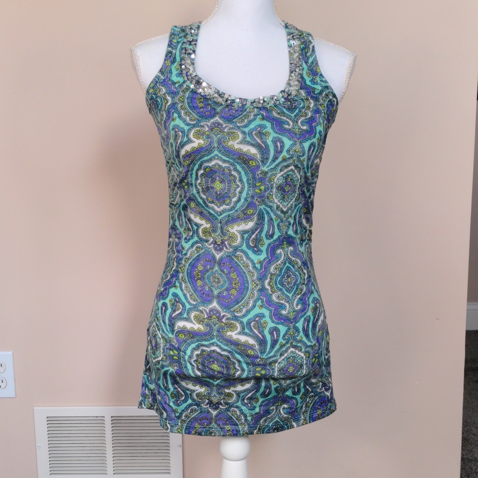 INC International Concepts Women’s Blue Paisley Sequin Knit Scoop Neck Tank S