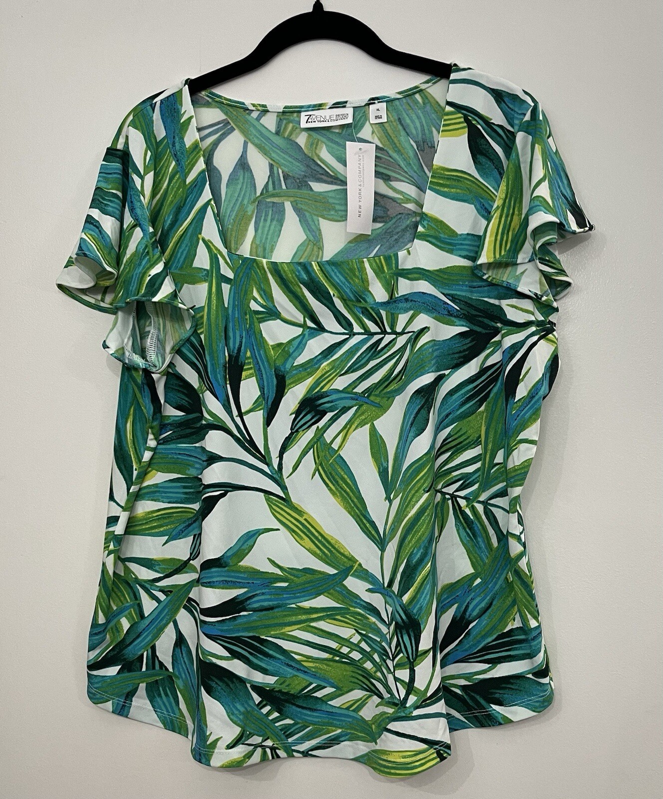 Tropical Blouse Top 7th Avenue New York And Company NYC Size XL white green palm