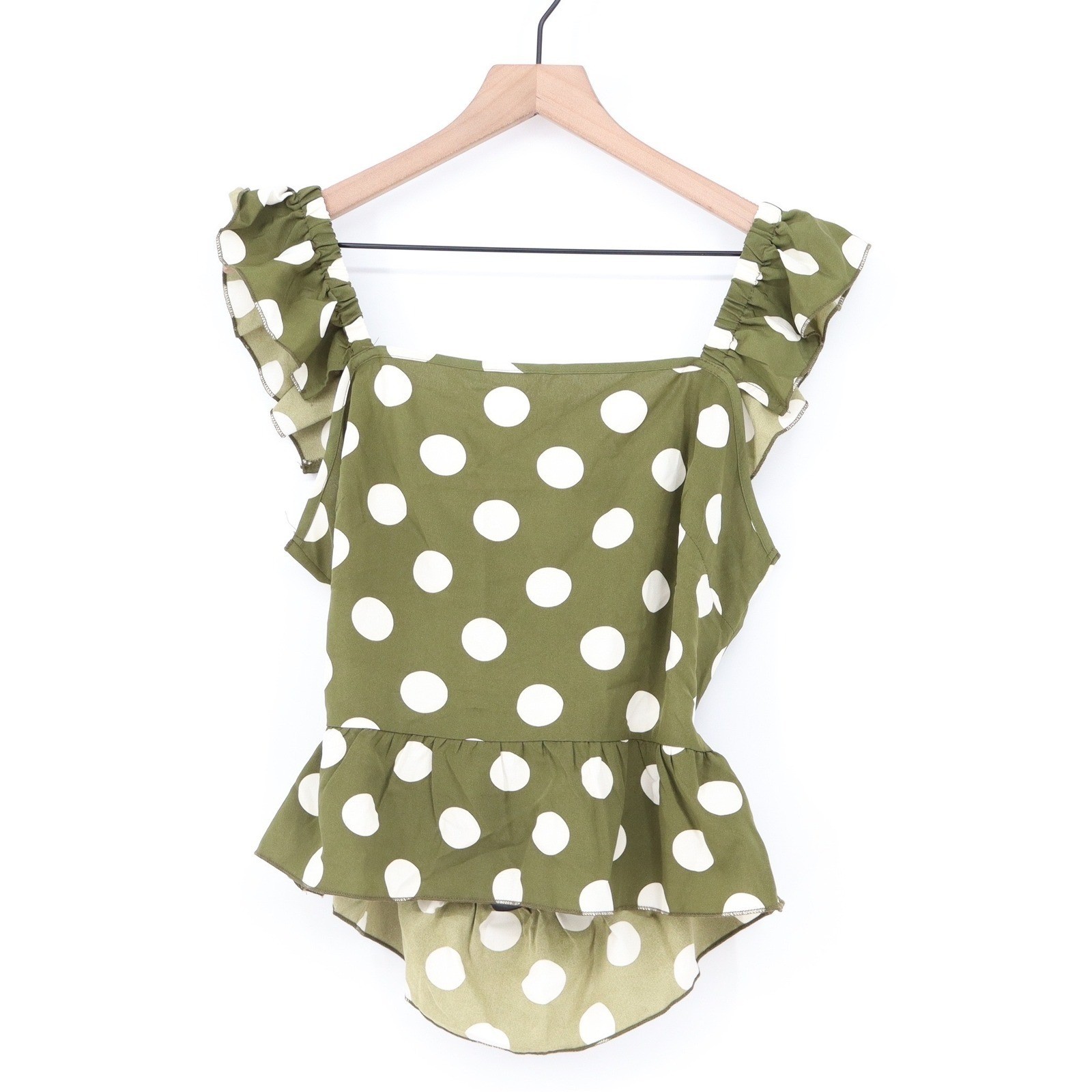 SHEIN Olive Green Polka Dot Ruffle Strap Peplum Top Back Tie Large L 8/10