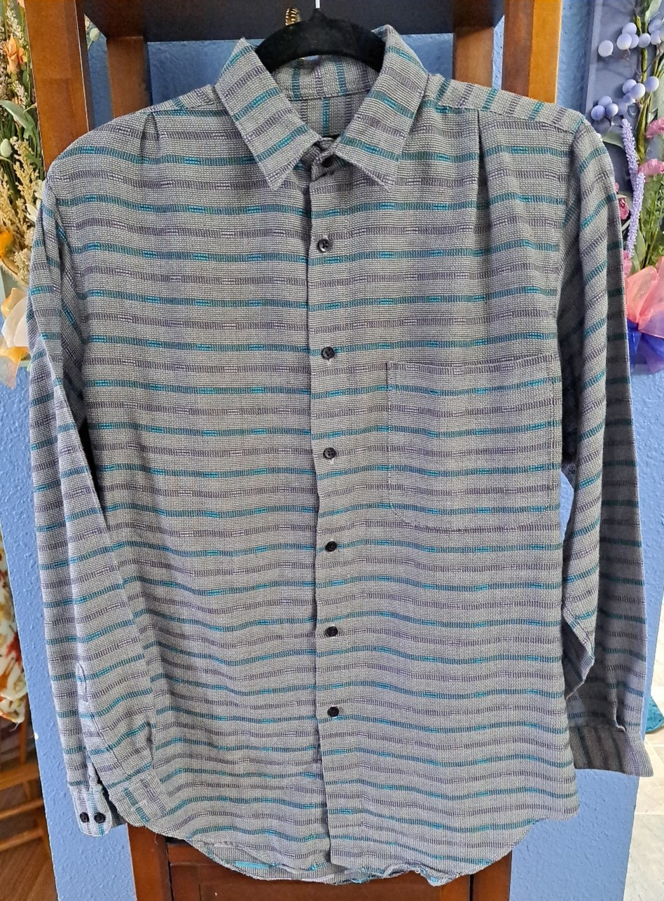 VTG Jordache Women S Gray Purple Blue Stripe Button Semi-Sheer Shirt Blouse Top