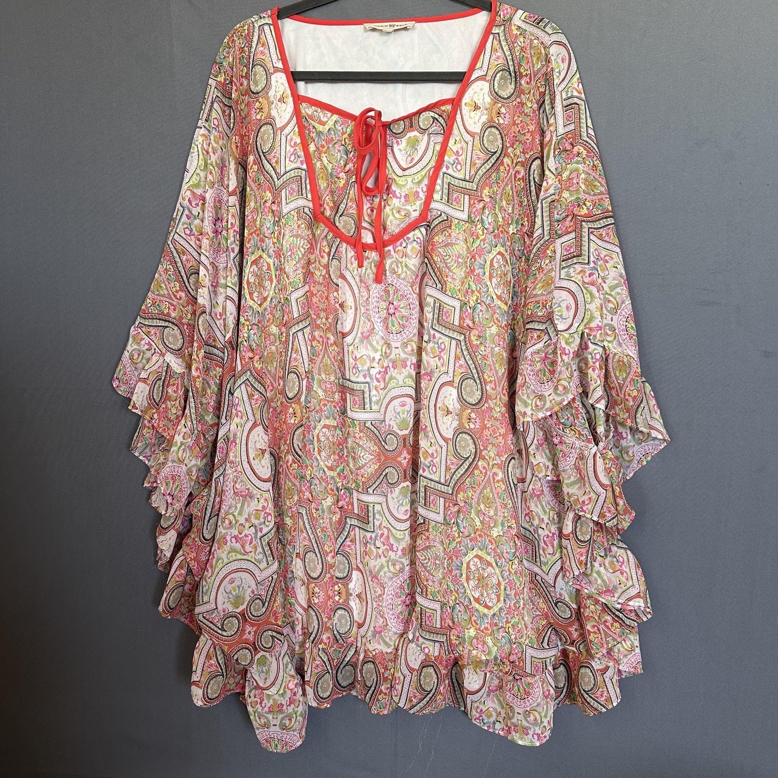 Altar’d State Tunic Blouse Womens Small Paisley Boho Ruffle Sleeve Lace Up Flowy