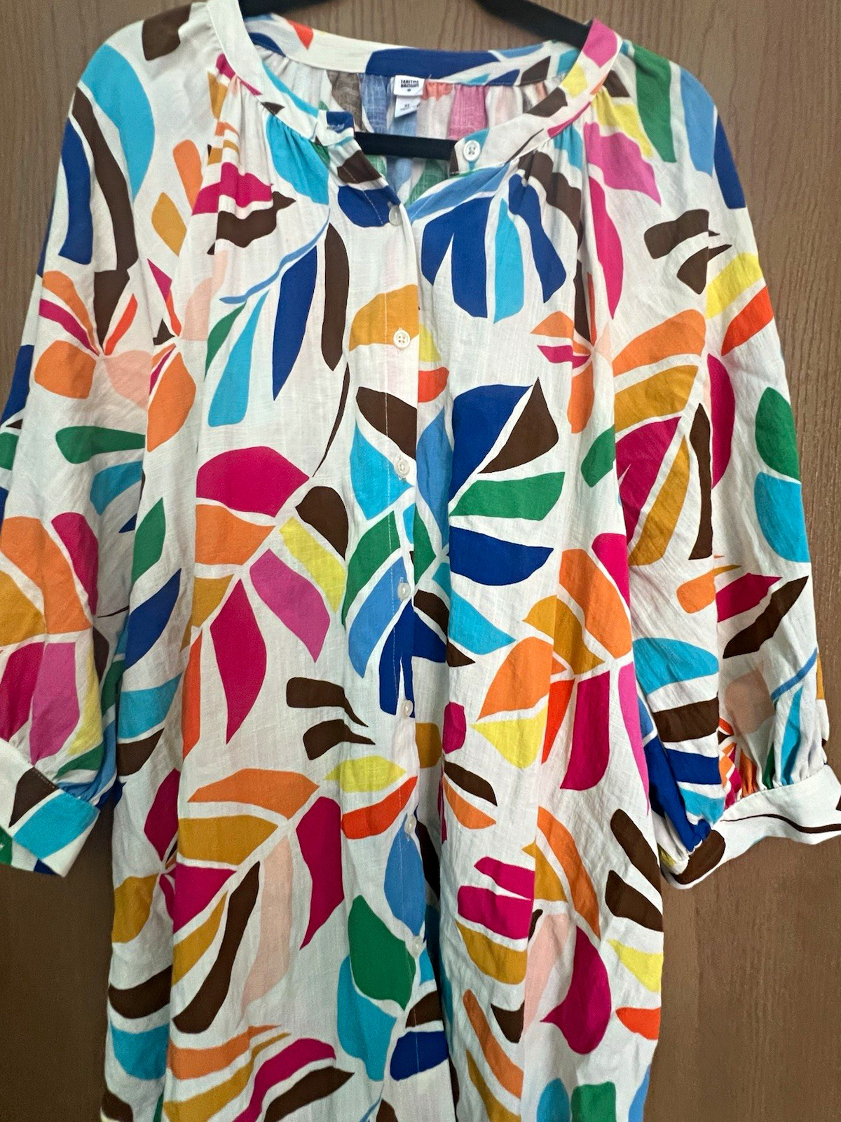 Tabitha Brown Women’s Multicolor Abstract Woven Button Front 3/4 Tunic Blouse XL