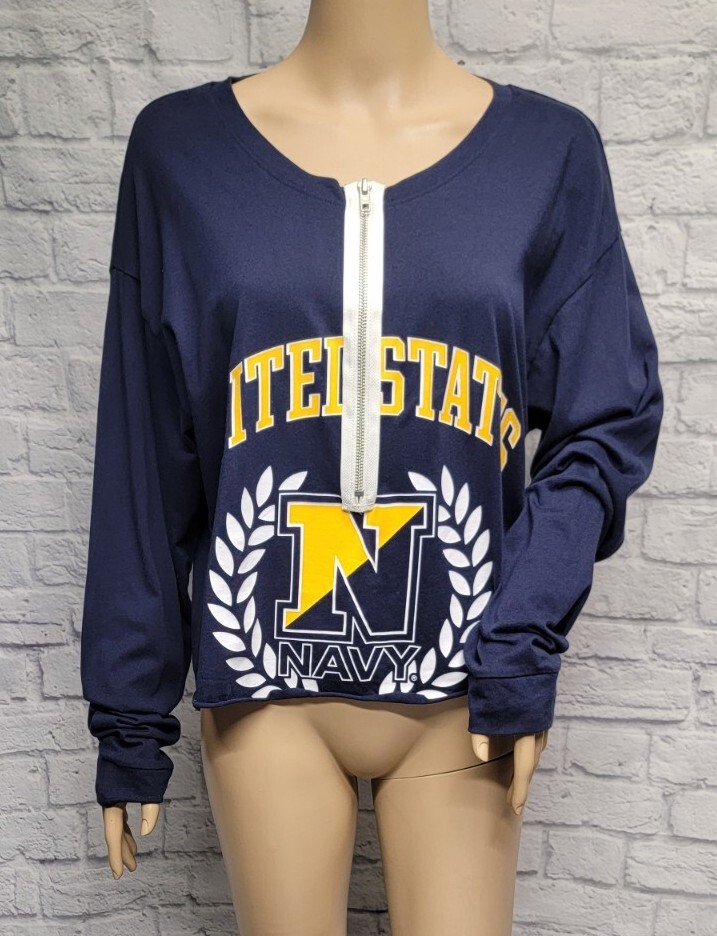 VICTORIA’S SECRET PINK 5TH & OCEAN L UNITED STATES NAVY BLUE ZIP CROPPED TOP TEE