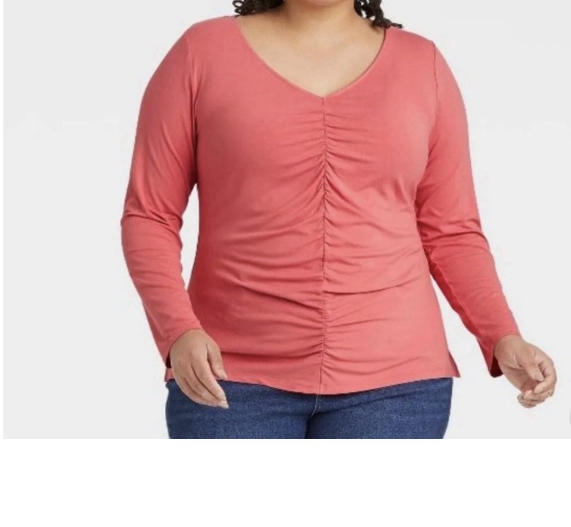 Ava & Viv Pink Solid Ruched V-Neck Long Sleeve Knit Top Plus 1X (16W/18W)