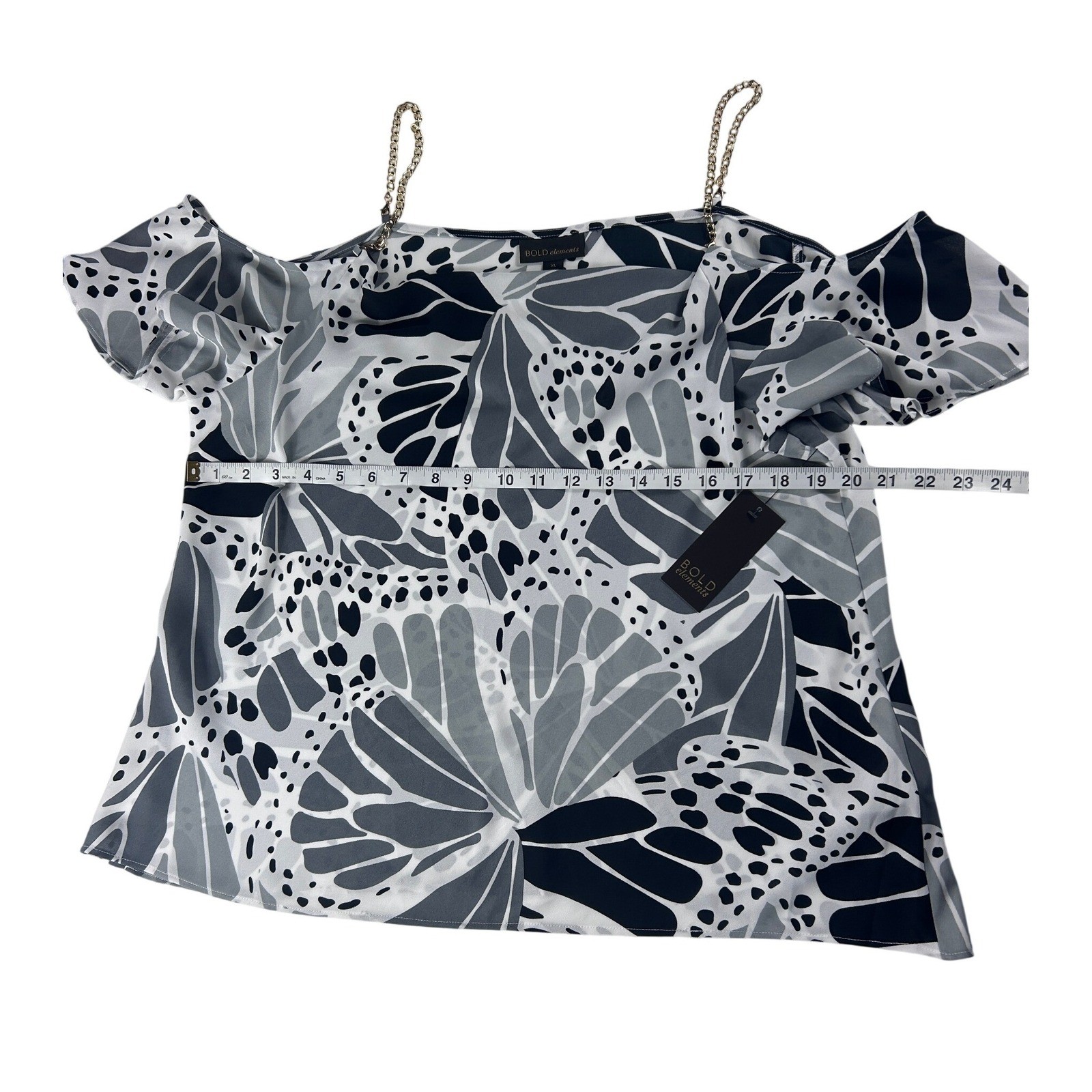 Bold Elements Butterfly Print Cold Shoulder Top XL White Black Chain Strap NWT