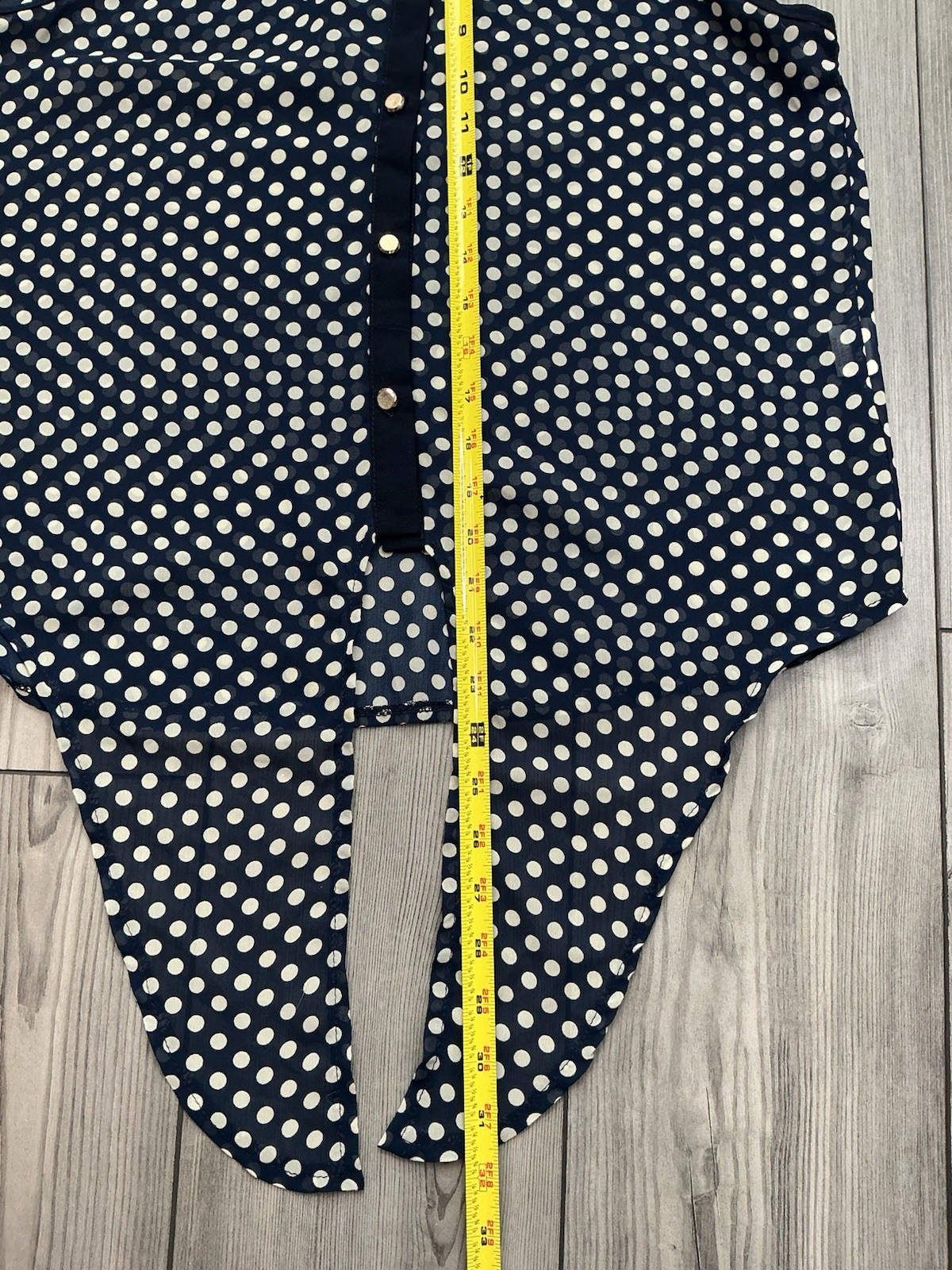 To Shine Navy White Polka Dot Tie Hem Sleeveless Shirt Lace Yoke Collared Size L