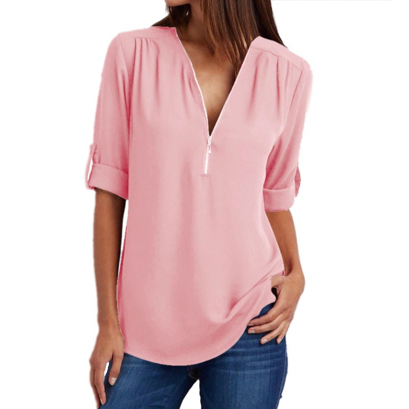 V-neck zipper oversized sleeveless loose chiffon shirt