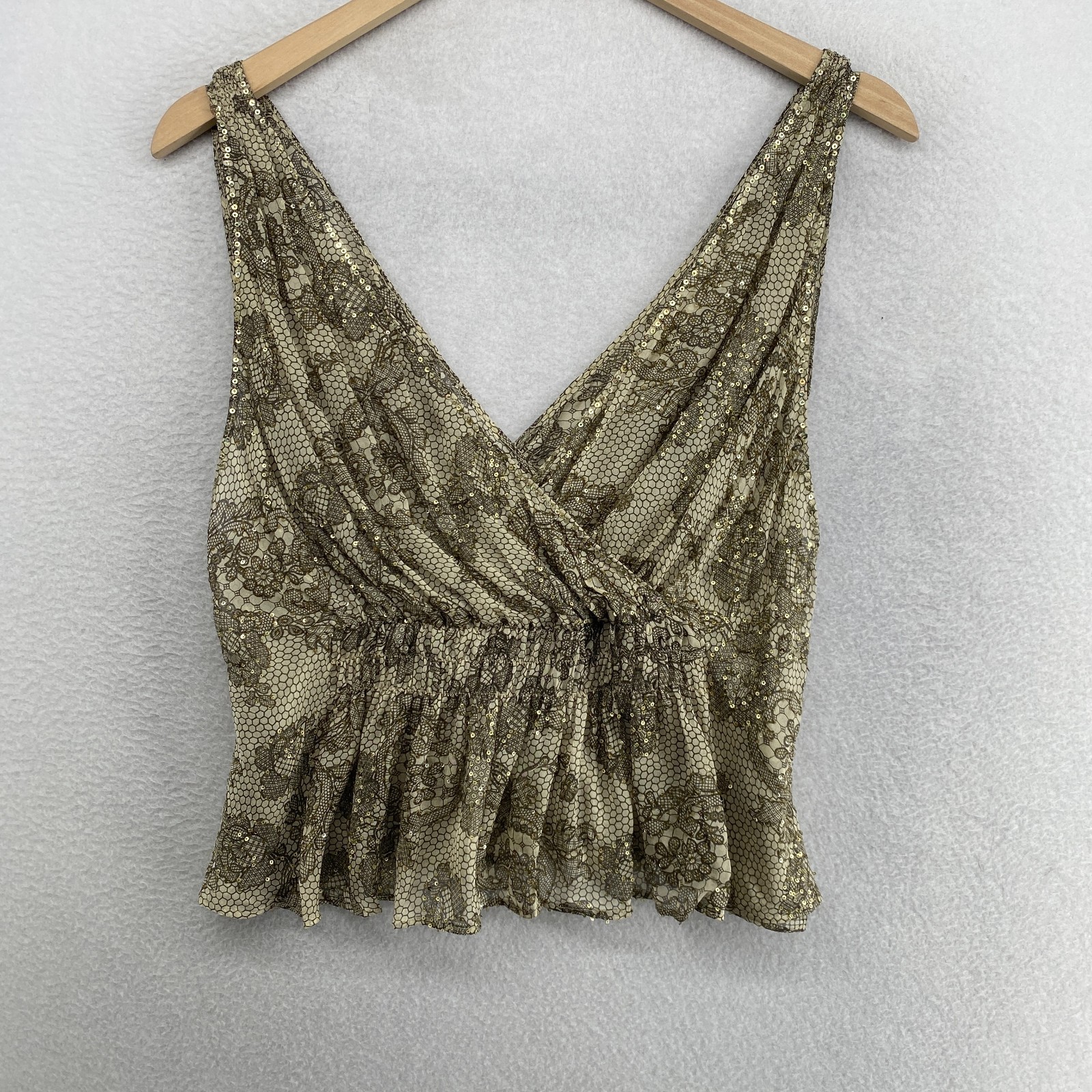PAUL SMITH BLUE Top 42 Silk V-Neck Lace Print Sequin Peplum Beige ITALY