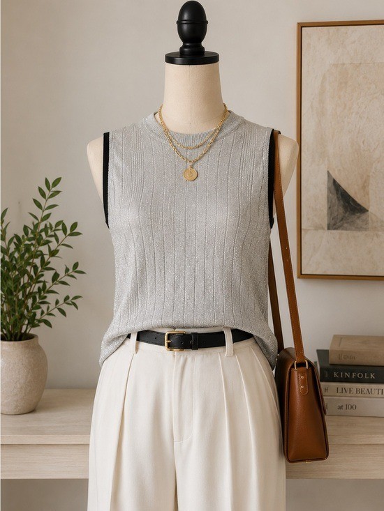 Paul Smith Metallic Rib Knit Vest Tank Top Silver Black Trim Size Medium