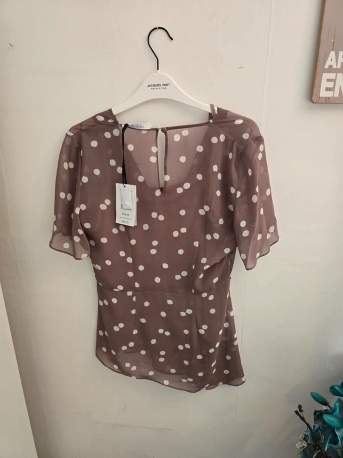 Jacques Vert Brown & White Polka Dot Asymmetrical Top Size 8 NWT