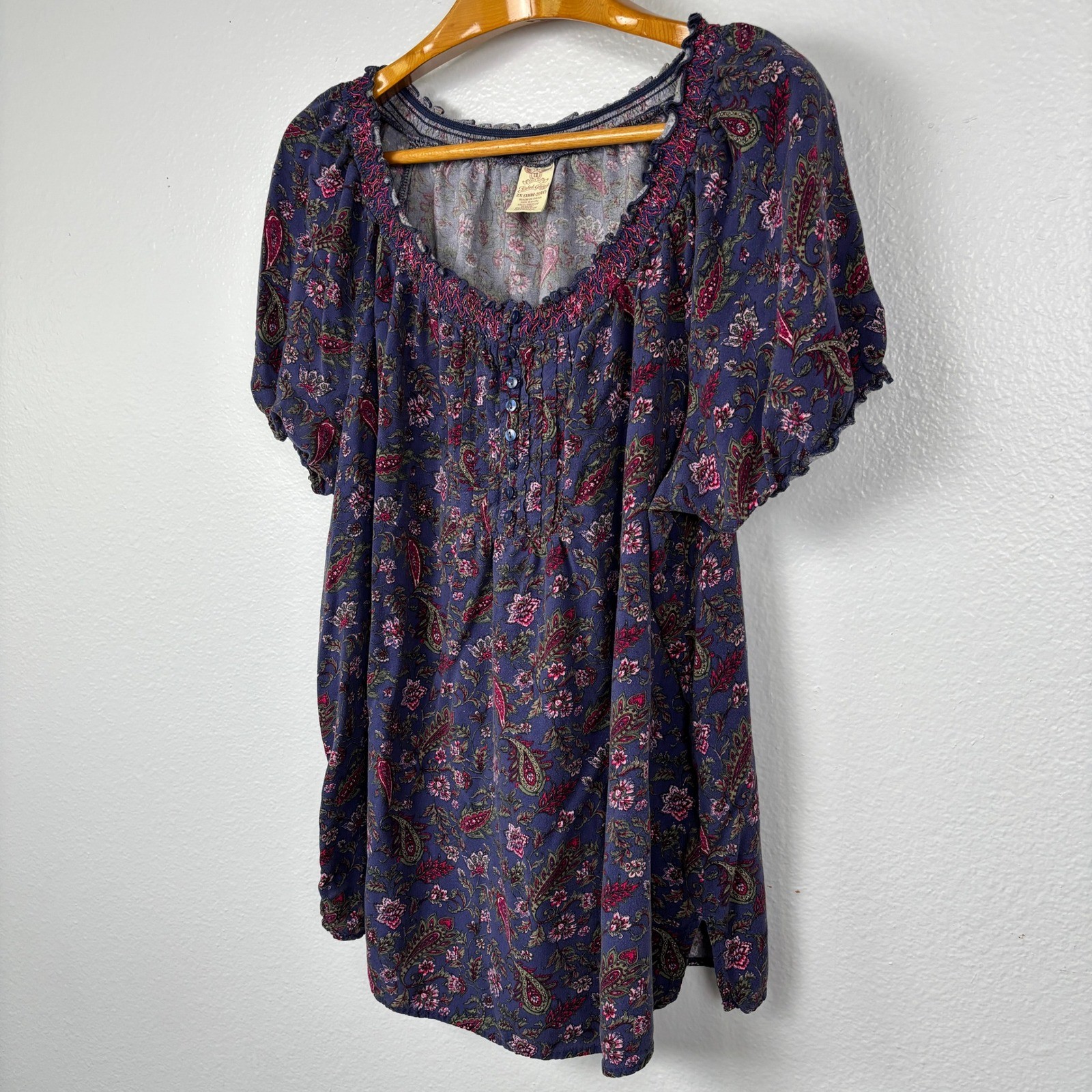 Faded Glory 2X Paisley Floral Peasant Top Peri Night Blue Boho Cottagecore Rayon