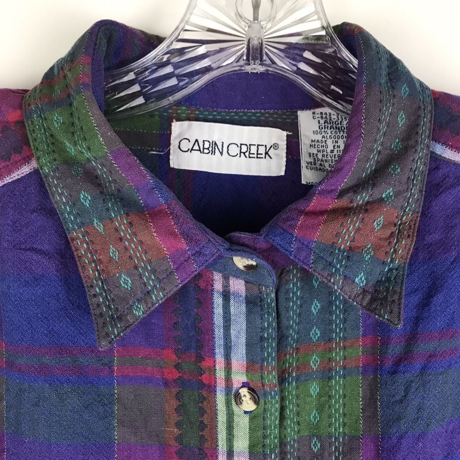 Cabin Creek Plaid Button Up Purple Blue Green Red Colorful 80s 90s Womens Large