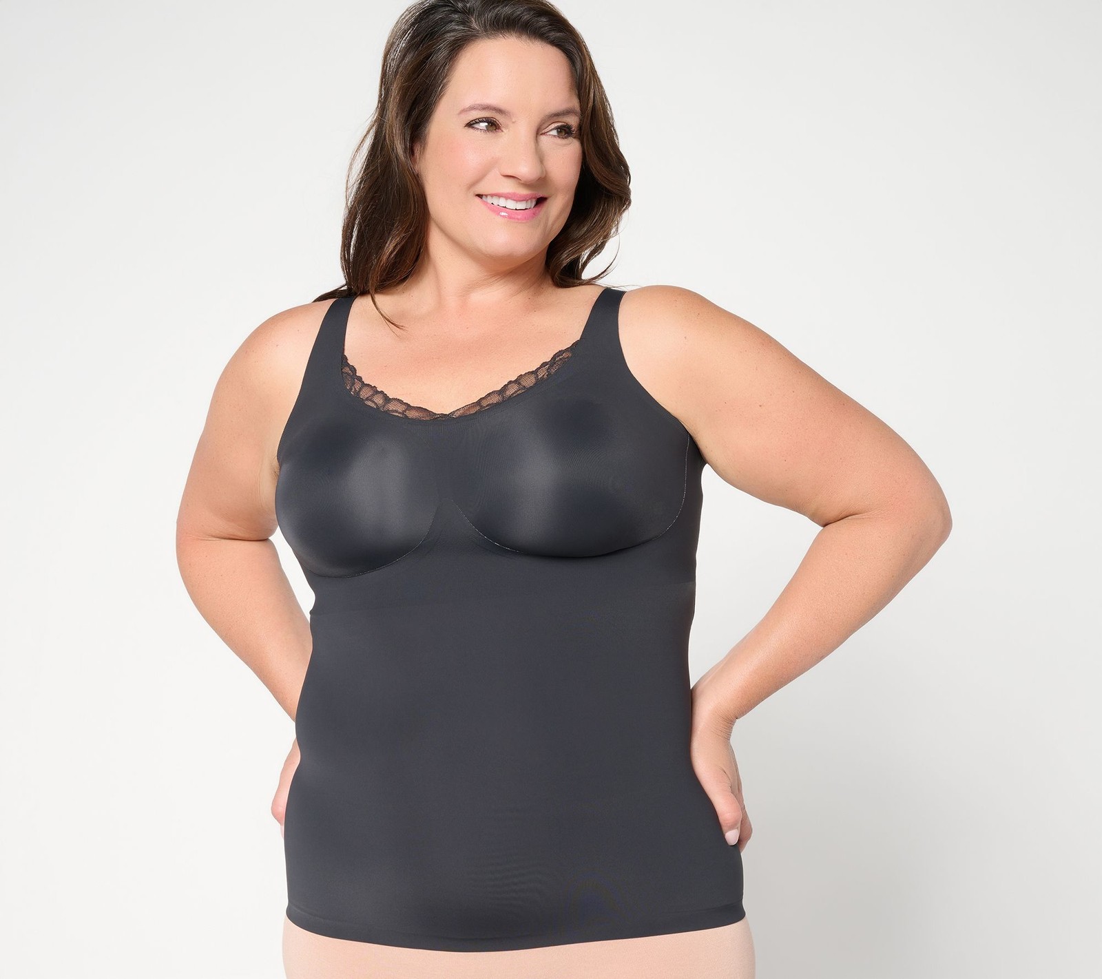 Evelyn & Bobbie Lace Trimmed V-Neck Seamless Bra Cami Black L New