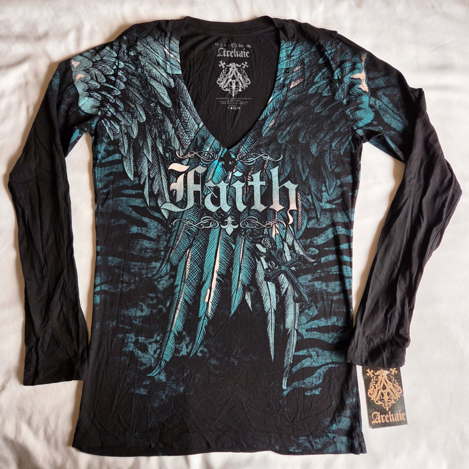 Archaic By Affliction Y2K Grunge Biker Black Blue XL V-Neck Graphic T-Shirt NWT