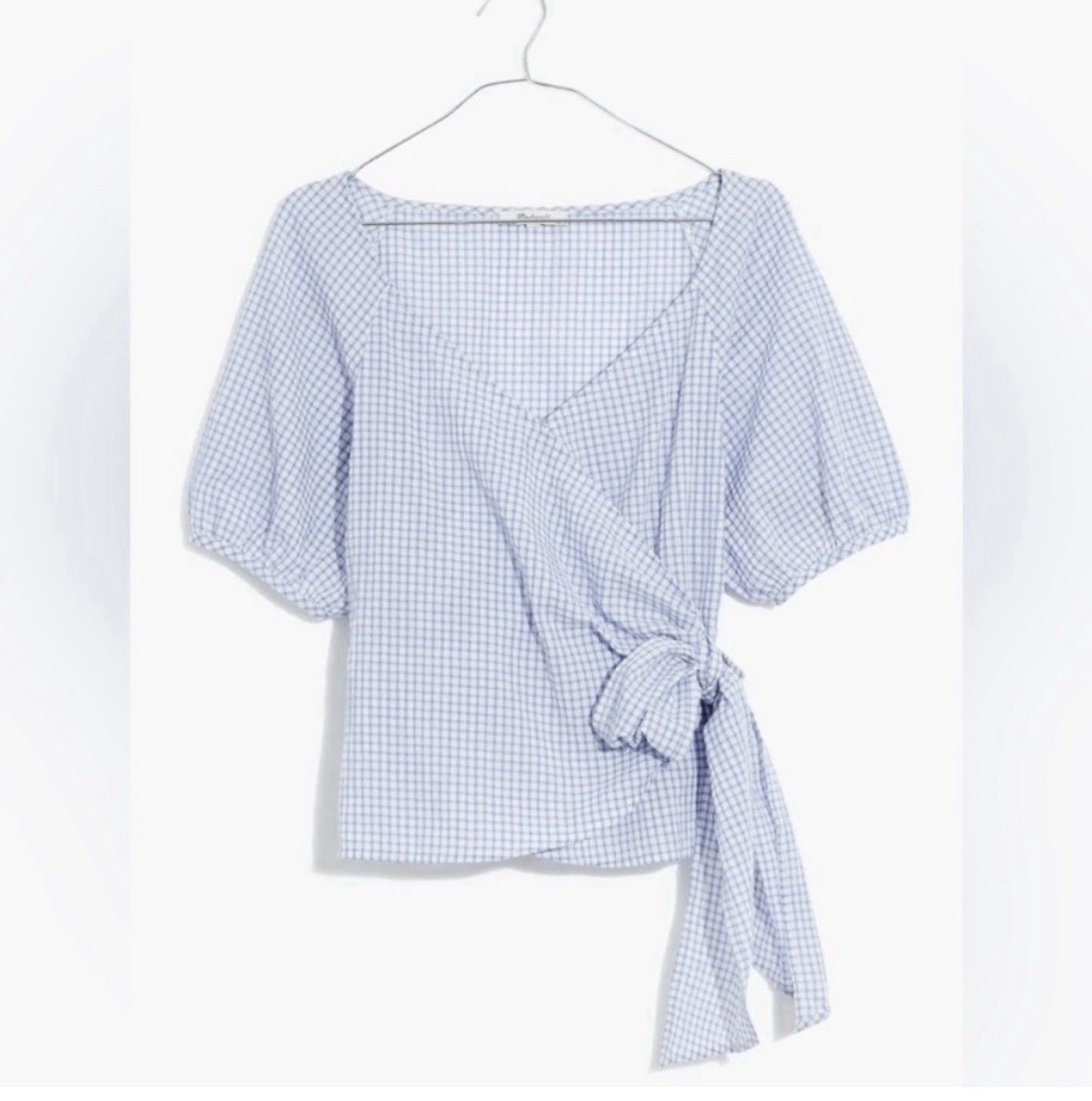 Madewell NWT Lucy Gingham Seersucker Puff-Sleeve Wrap Top Small Blue/ White