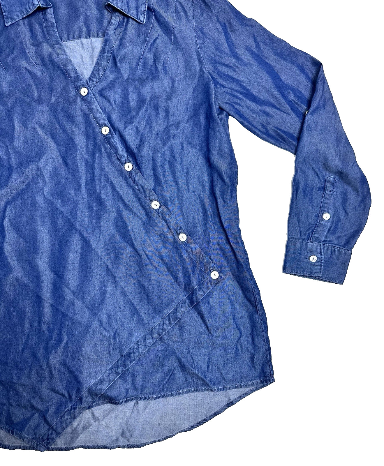 GO Silk Long Sleeved Button Down Collared Shirt Blouse Asymmetrical Hem Blue M