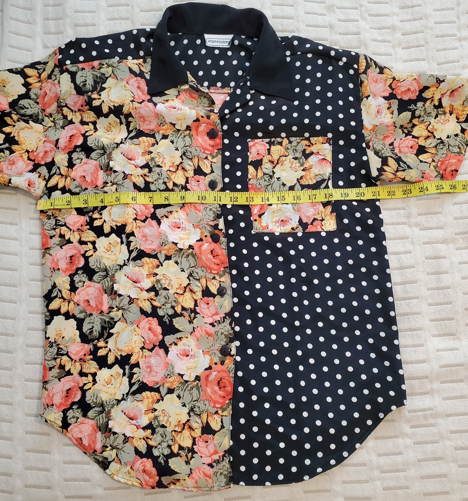Vintage 80s 90s Impressions of California Patchwork Floral Polka Dot Blouse