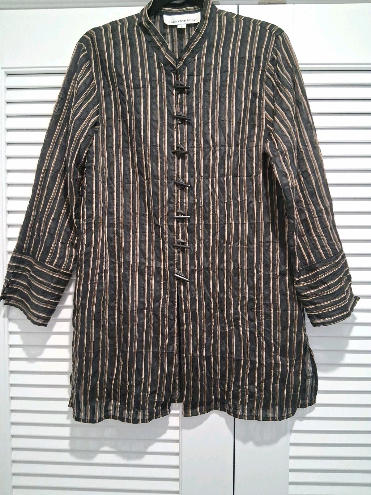Caroline Rose Striped Monk Collar Topper S USA Linen Nylon Acetate Cotton Slits